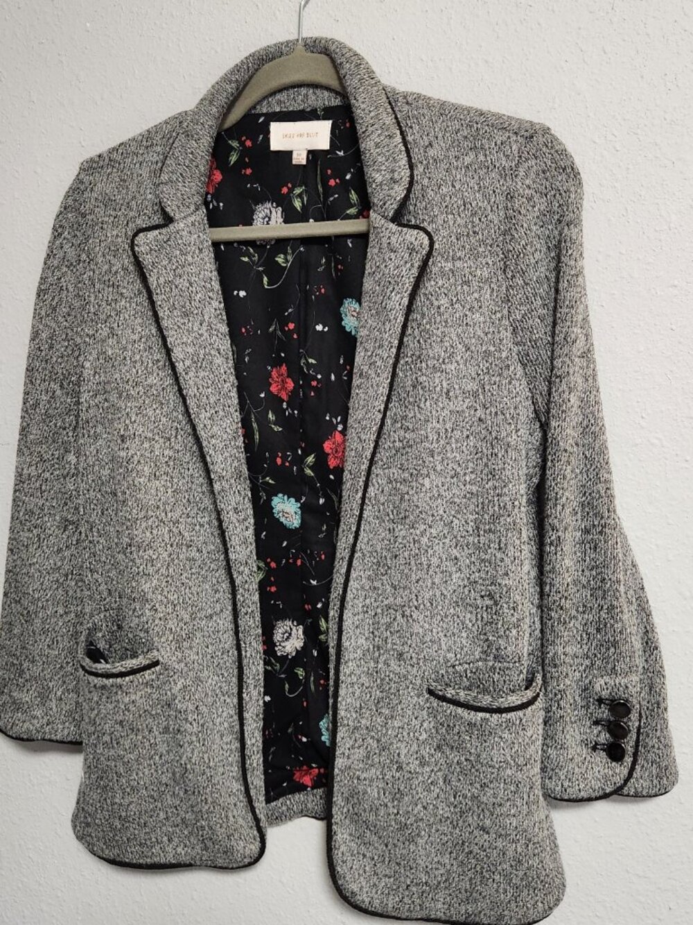 Skies Are Blue Alanna Textured Knit Blazer Heather Grey Black Floral Lining Medi - Picture 10 of 11